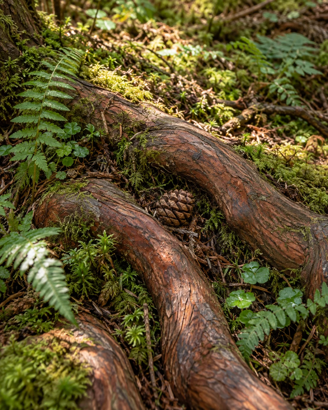 A small woodland cone nestled between flowing, moss-covered roots and delicate ferns in dappled daylight